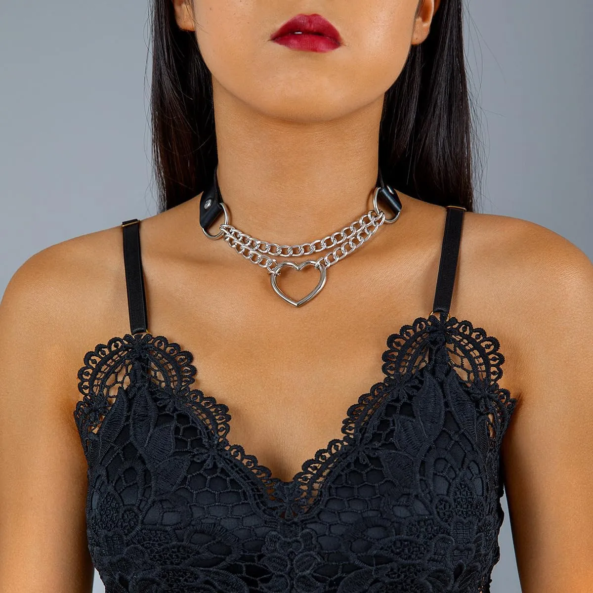 Choker Necklace for Women, Goth Black Heart Chain Spiked Choker, 4 Pcs Gothic Punk Rock PU Leather Collar Choker Necklaces, Christmas Halloween Cosplay Party Jewelry Goth Accessories