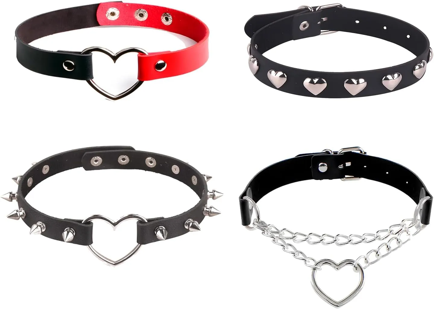 Choker Necklace for Women, Goth Black Heart Chain Spiked Choker, 4 Pcs Gothic Punk Rock PU Leather Collar Choker Necklaces, Christmas Halloween Cosplay Party Jewelry Goth Accessories