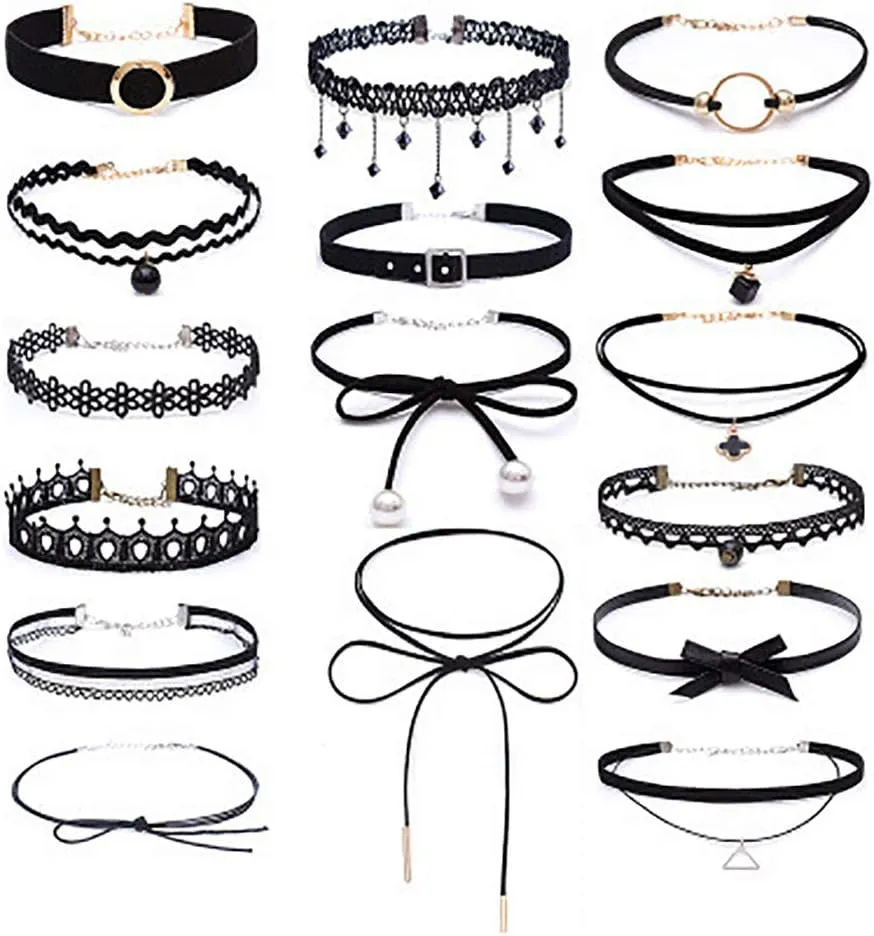 Choker Set, 16 PCS Womens Black Velvet Choker Necklace Set Classic Gothic Tattoo Lace Chokers