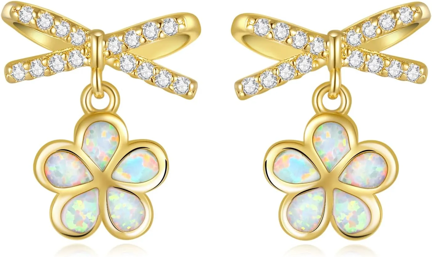 CiNily Small Daisy Stud Earrings for Women Teen Bow Stud Earrings with Cubic Zircon 14K Gold Plated Daisy Opal Dangle Studs Lightweight Jewelry Birthday Party Gifts
