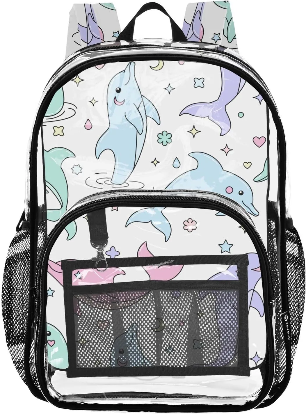 Colorful Dolphins Stars Clear Backpack Transparent Bag for Girls Boys Kids Backpacks See Through Bookbag Plastic Daypack for School Stadium Travel Large Capacity