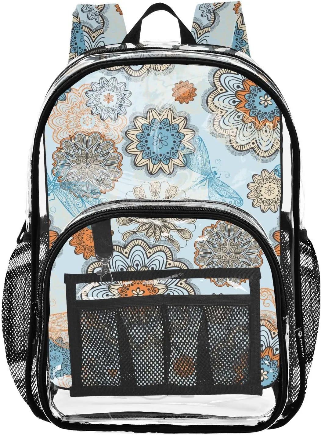 Colorful Dragonfly Flower Clear Backpack PVC Backpacks for Kids Girls Boys Transparent Bookbag Plastic Toddler Daypack Bags for Stadium Events School Travel