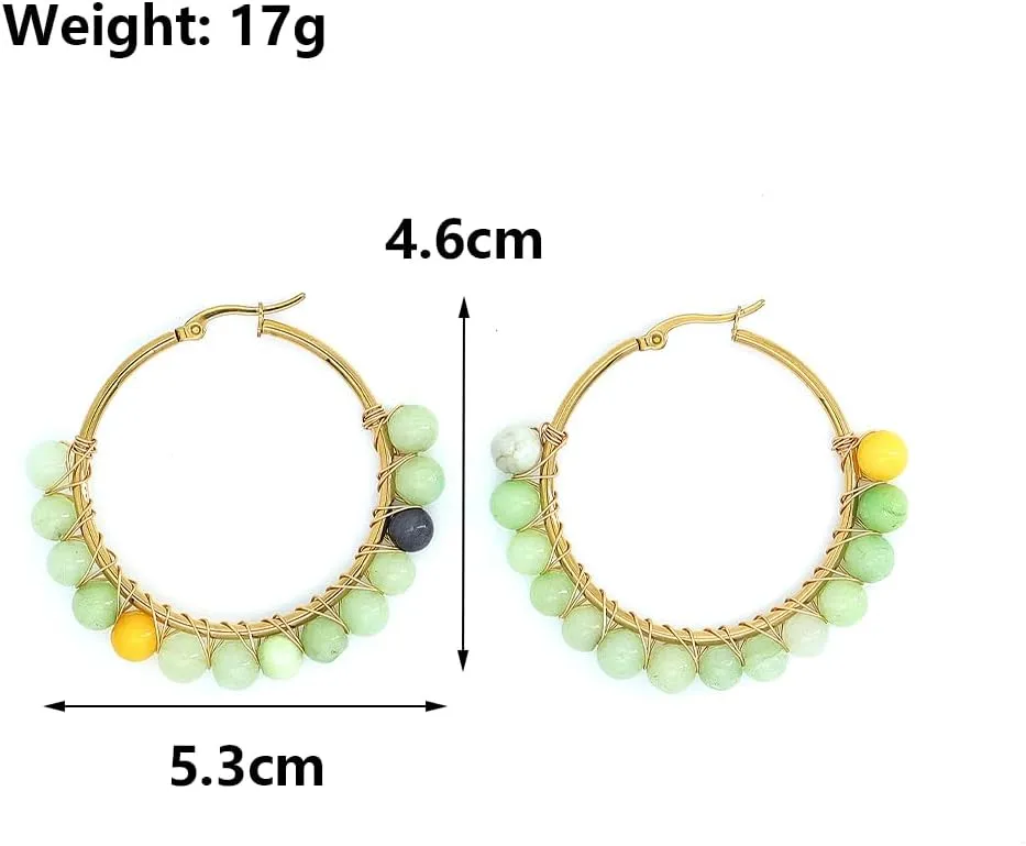 Colorful Natural Stone Hoop Dangle Earrings for Women Minimalist Gold Plated Geometric Beaded Round Huggie Earrings Trendy Boho Statement Jewelry Gift
