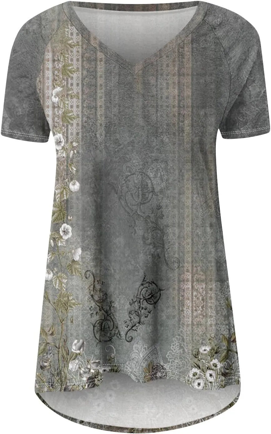 COTECRAM Women's Tops Short Sleeve Dressy Casual Plus Size Tunic Tops to Wear with Leggings V Neck T-Shirt Loose Fit Blouse