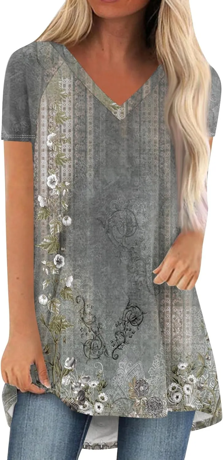 COTECRAM Women's Tops Short Sleeve Dressy Casual Plus Size Tunic Tops to Wear with Leggings V Neck T-Shirt Loose Fit Blouse