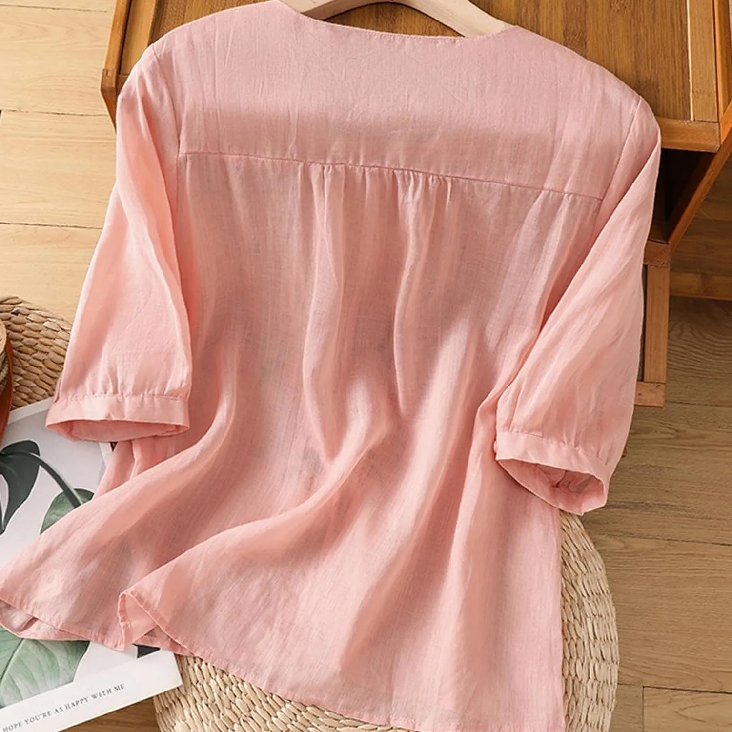 Cotton Linen Shirts for Women Summer 2025 Boho Retro Embroidered Tops 3/4 Sleeve Dressy Casual Blouses Loose Tunics