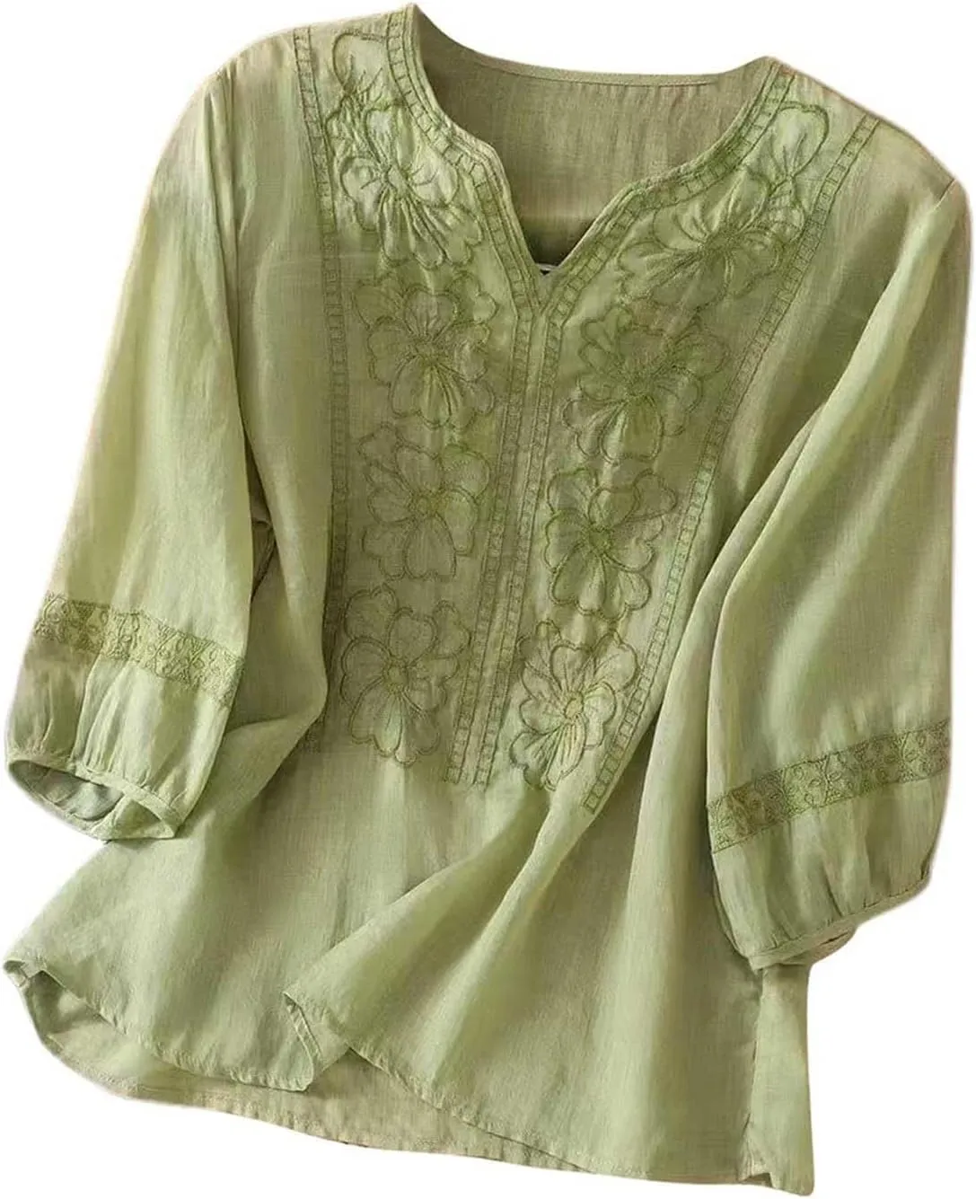 Cotton Linen Shirts for Women Summer 2025 Boho Retro Embroidered Tops 3/4 Sleeve Dressy Casual Blouses Loose Tunics
