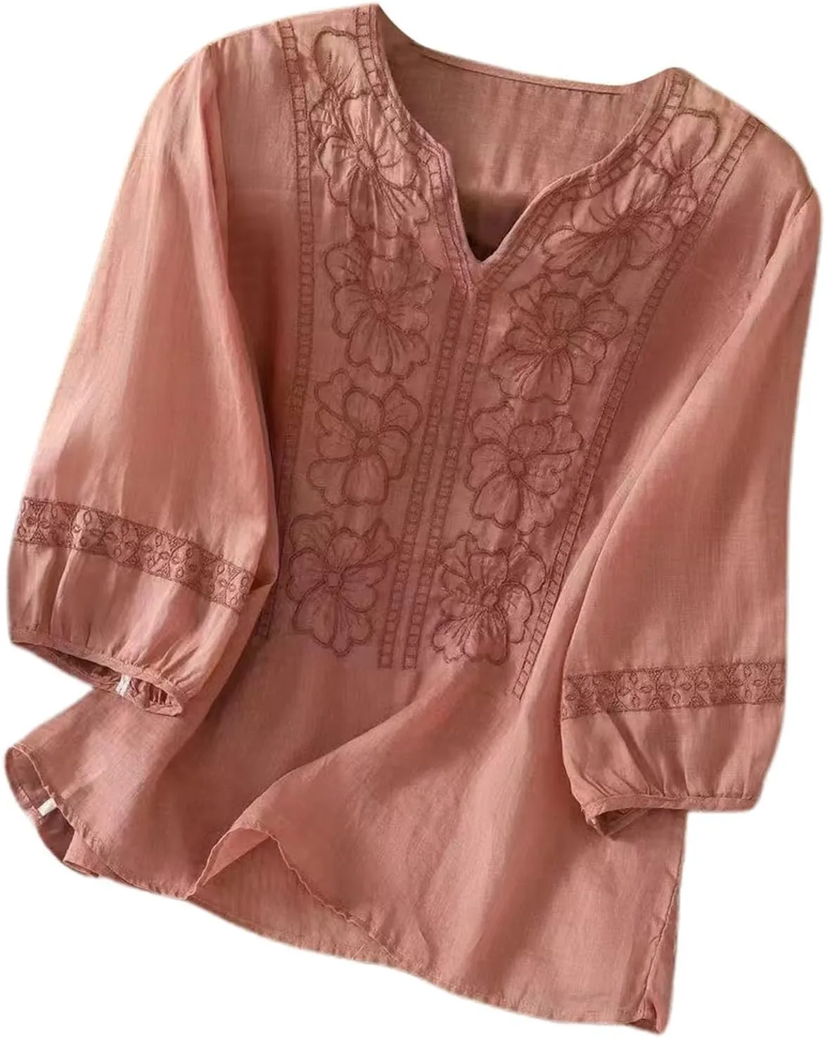 Cotton Linen Shirts for Women Summer 2025 Boho Retro Embroidered Tops 3/4 Sleeve Dressy Casual Blouses Loose Tunics