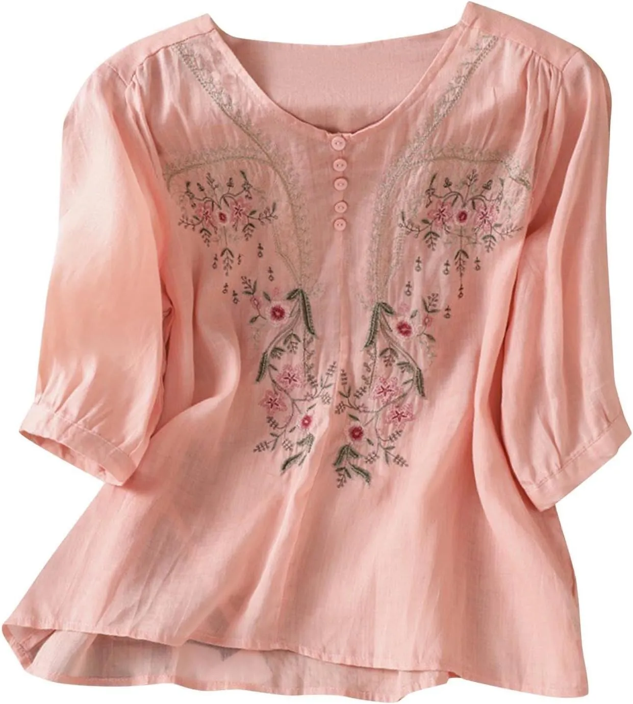 Cotton Linen Shirts for Women Summer 2025 Boho Retro Embroidered Tops 3/4 Sleeve Dressy Casual Blouses Loose Tunics
