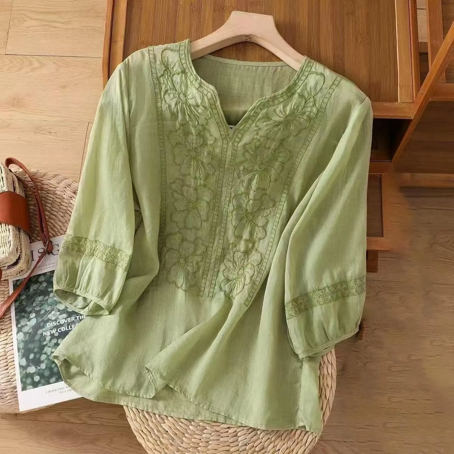 Cotton Linen Shirts for Women Summer 2025 Boho Retro Embroidered Tops 3/4 Sleeve Dressy Casual Blouses Loose Tunics