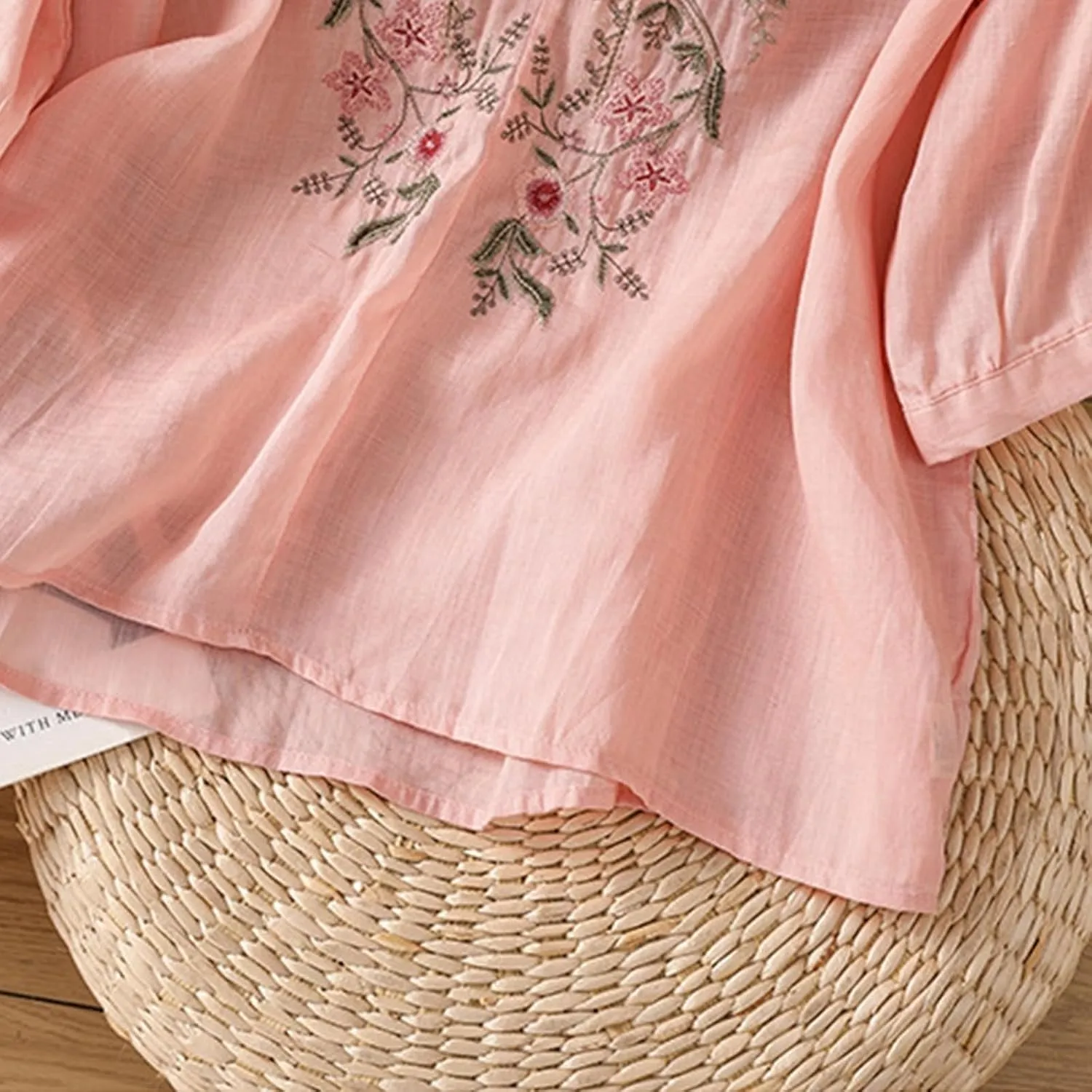 Cotton Linen Shirts for Women Summer 2025 Boho Retro Embroidered Tops 3/4 Sleeve Dressy Casual Blouses Loose Tunics
