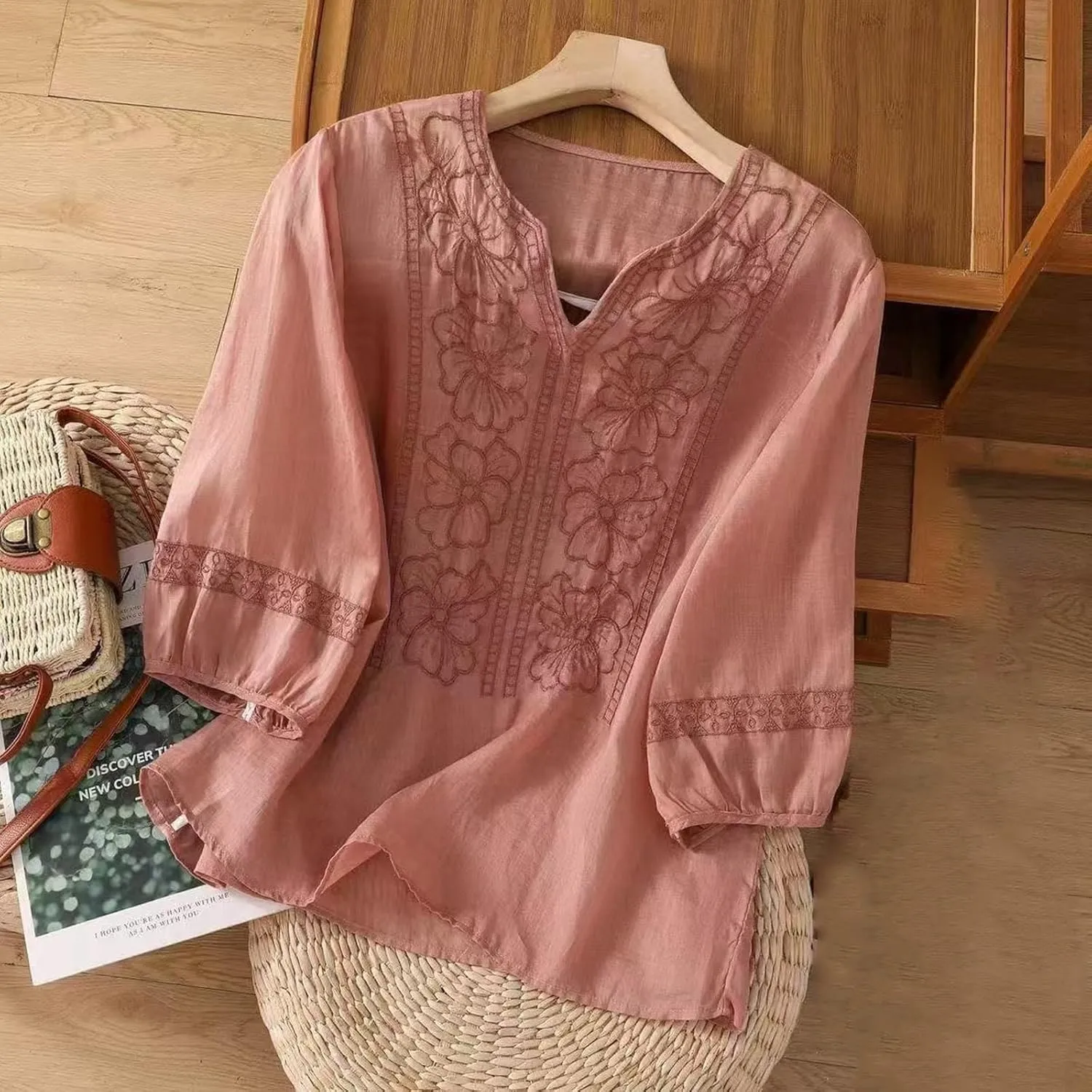 Cotton Linen Shirts for Women Summer 2025 Boho Retro Embroidered Tops 3/4 Sleeve Dressy Casual Blouses Loose Tunics