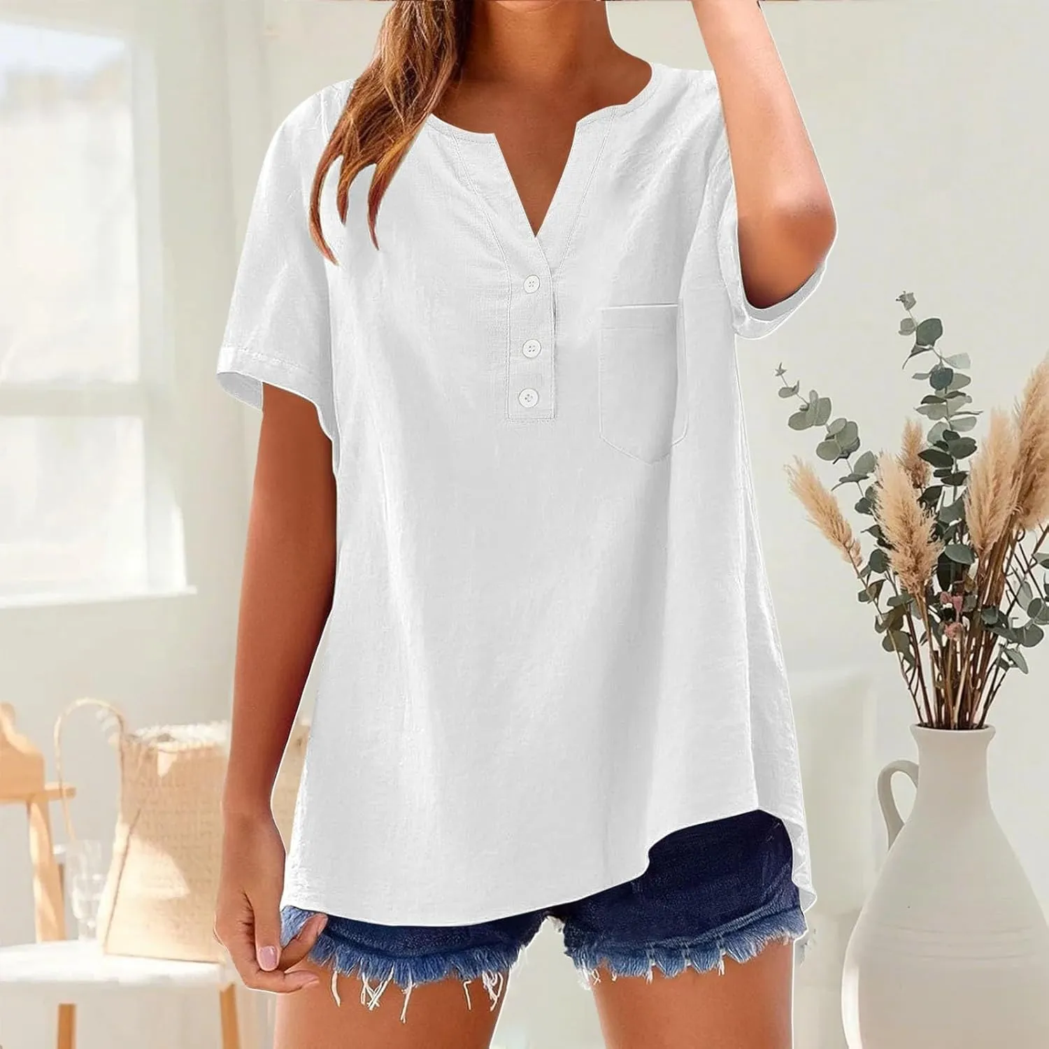 Cotton Linen Shirts for Women Summer Tops 2025 Short Sleeve Button Down Lightweight Blouses Beach Vacation Clothes