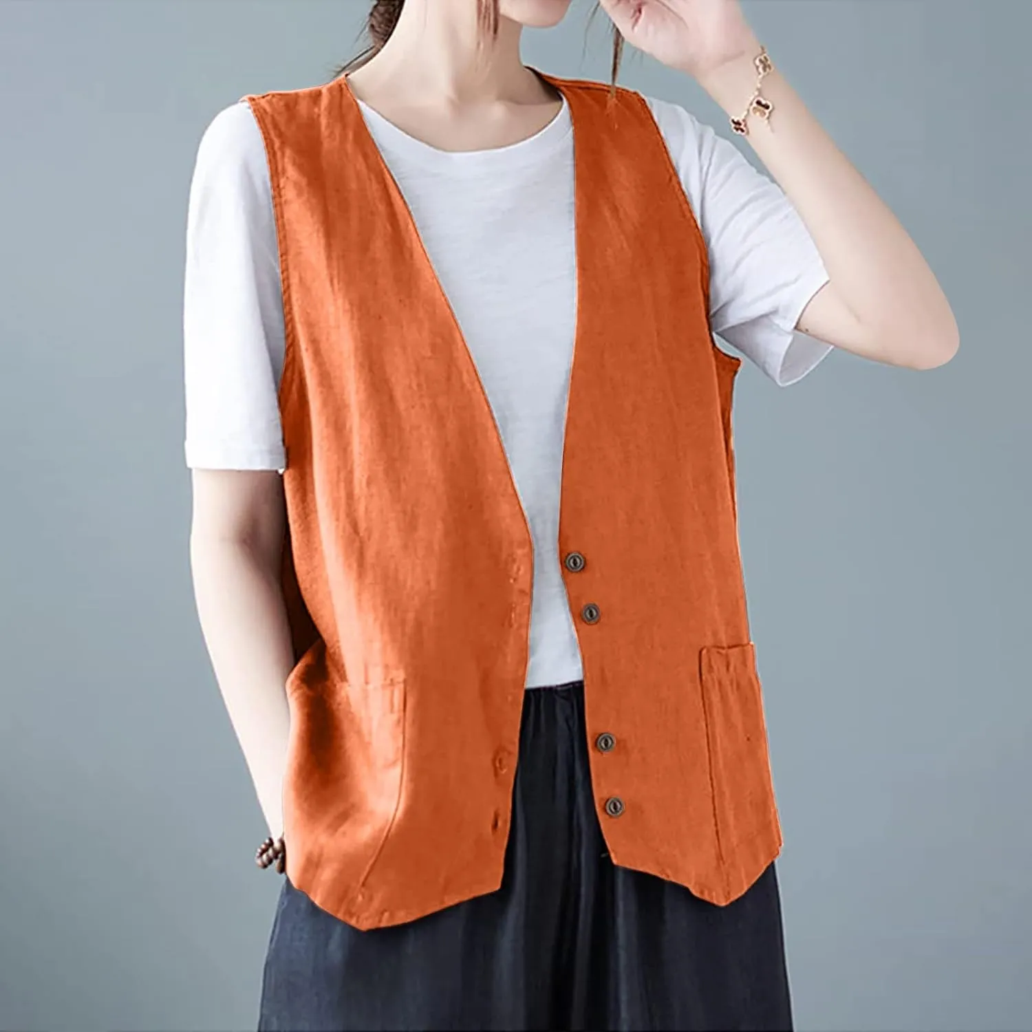 Cotton Linen Vests for Women 2023 Fashion Sleeveless Button Down Blazer Jacket Summer Casual Loose Vest Outerwear