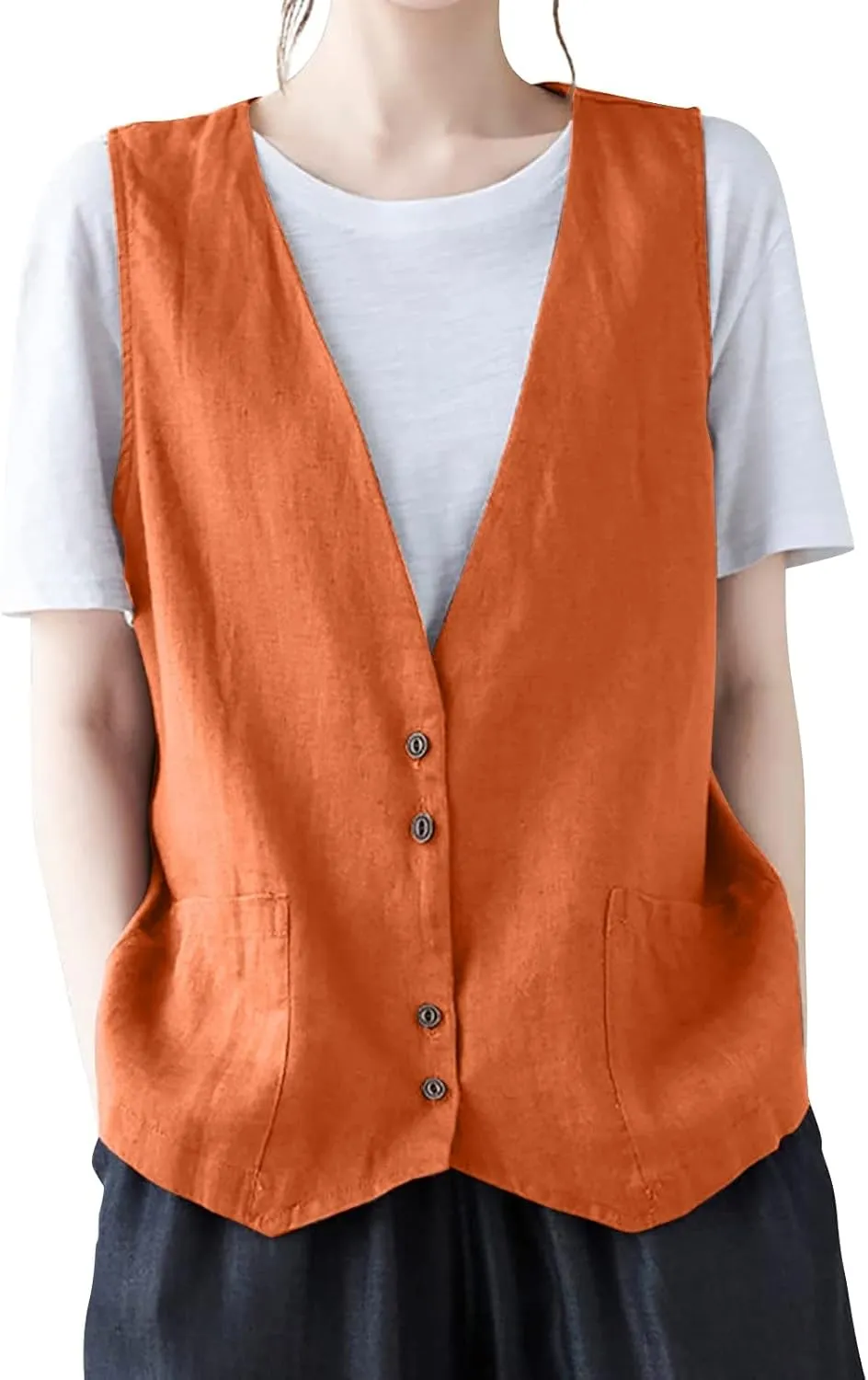 Cotton Linen Vests for Women 2023 Fashion Sleeveless Button Down Blazer Jacket Summer Casual Loose Vest Outerwear