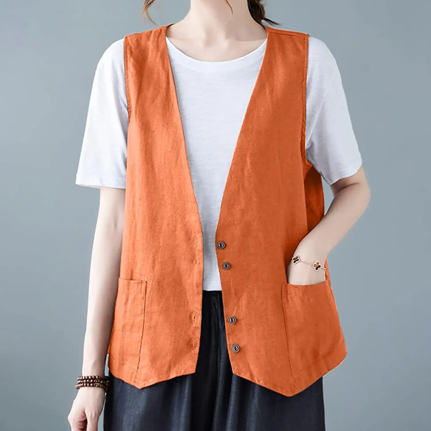 Cotton Linen Vests for Women 2023 Fashion Sleeveless Button Down Blazer Jacket Summer Casual Loose Vest Outerwear