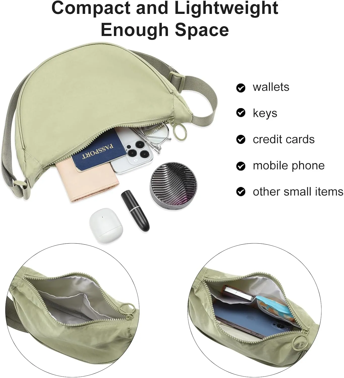 Crescent Crossbody Bag for Women Lightweight Small Nylon Sling Bag with Adjustable Strap