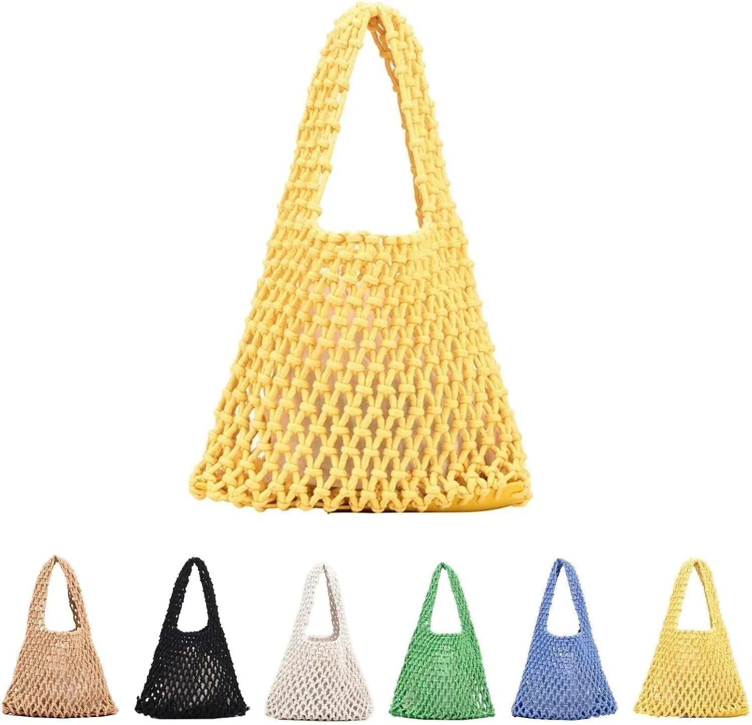 Crochet Tote bag for Women Mesh Knitted Satchel Purses Crochet Bucket Top-handle Drawstring Woven Beach Bag Travel