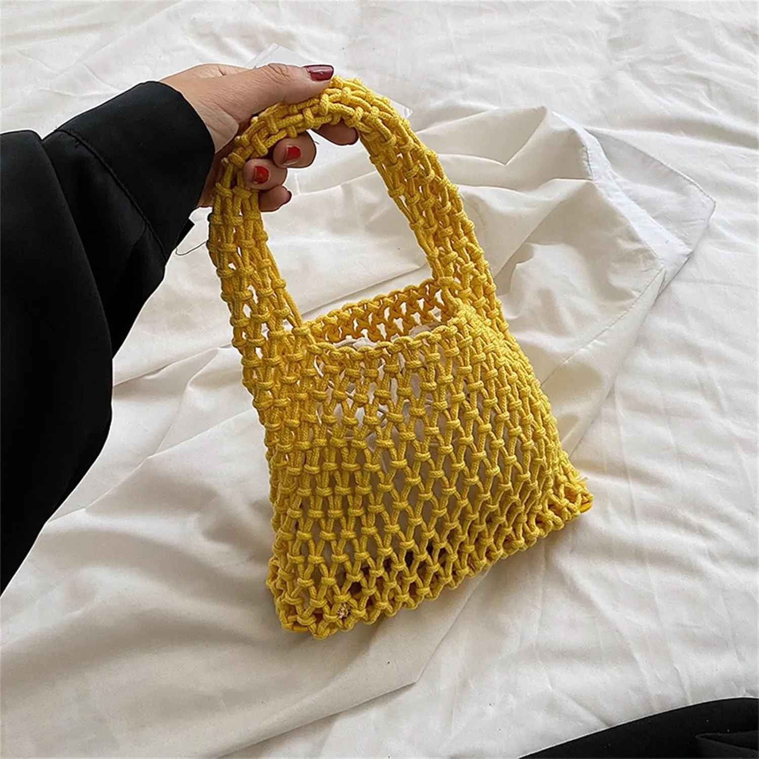 Crochet Tote bag for Women Mesh Knitted Satchel Purses Crochet Bucket Top-handle Drawstring Woven Beach Bag Travel