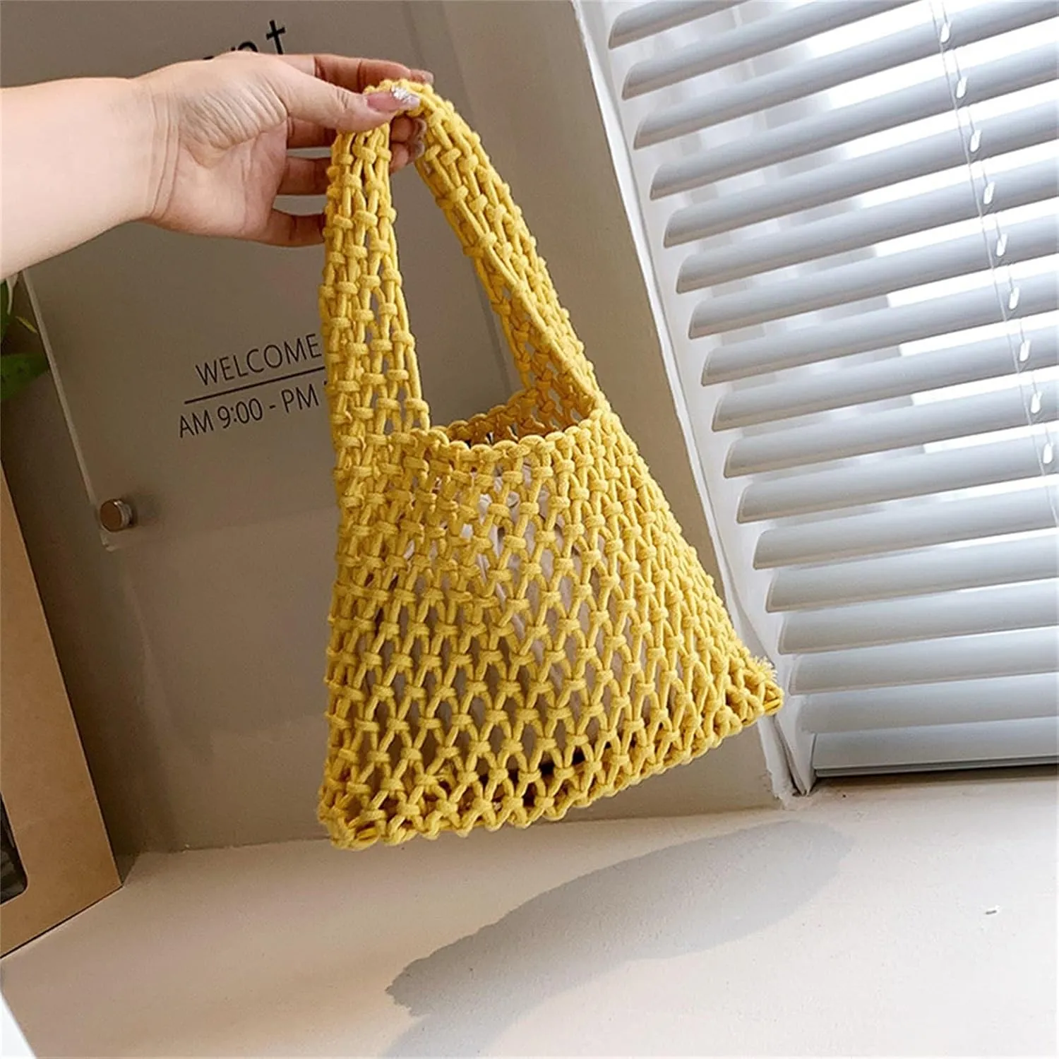 Crochet Tote bag for Women Mesh Knitted Satchel Purses Crochet Bucket Top-handle Drawstring Woven Beach Bag Travel