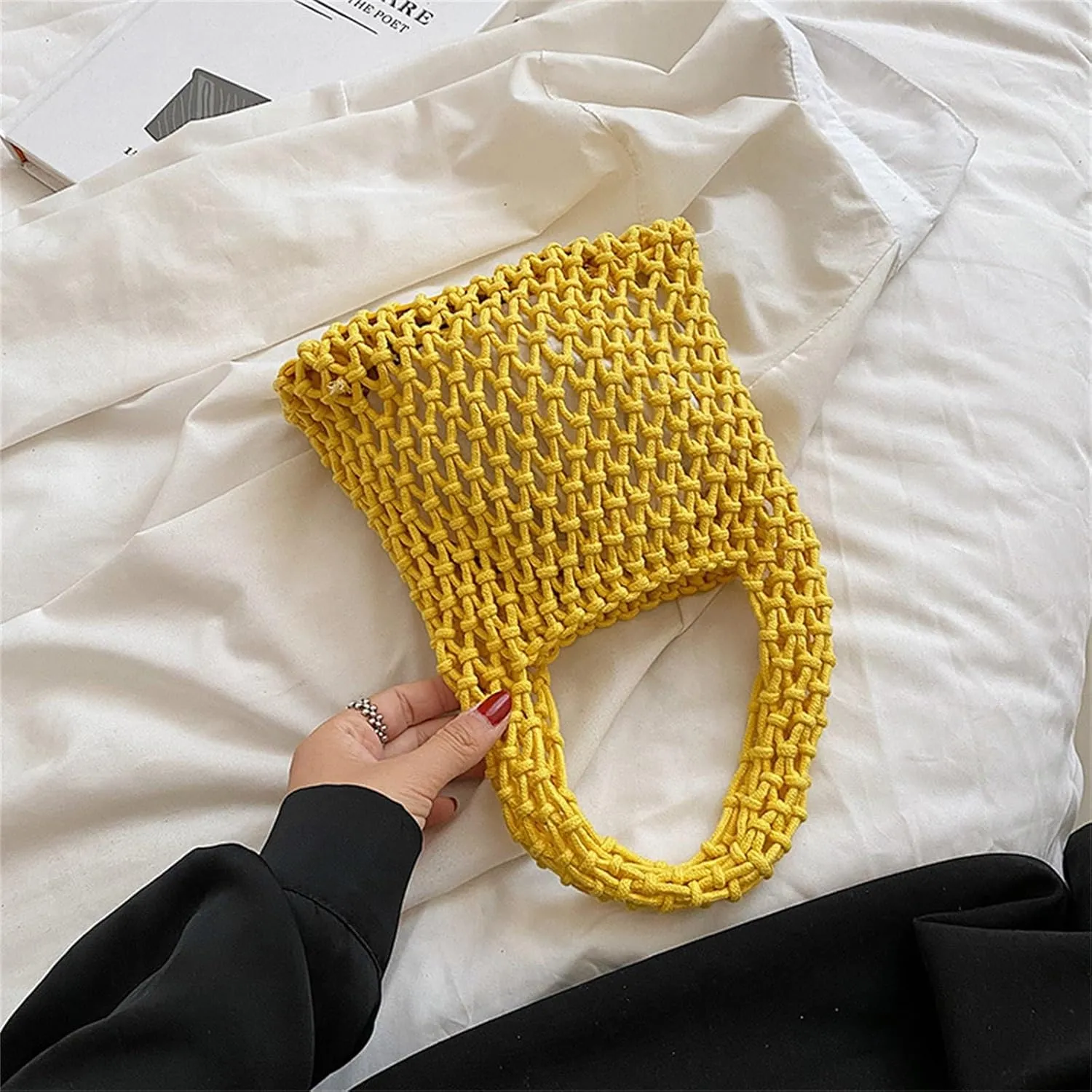 Crochet Tote bag for Women Mesh Knitted Satchel Purses Crochet Bucket Top-handle Drawstring Woven Beach Bag Travel