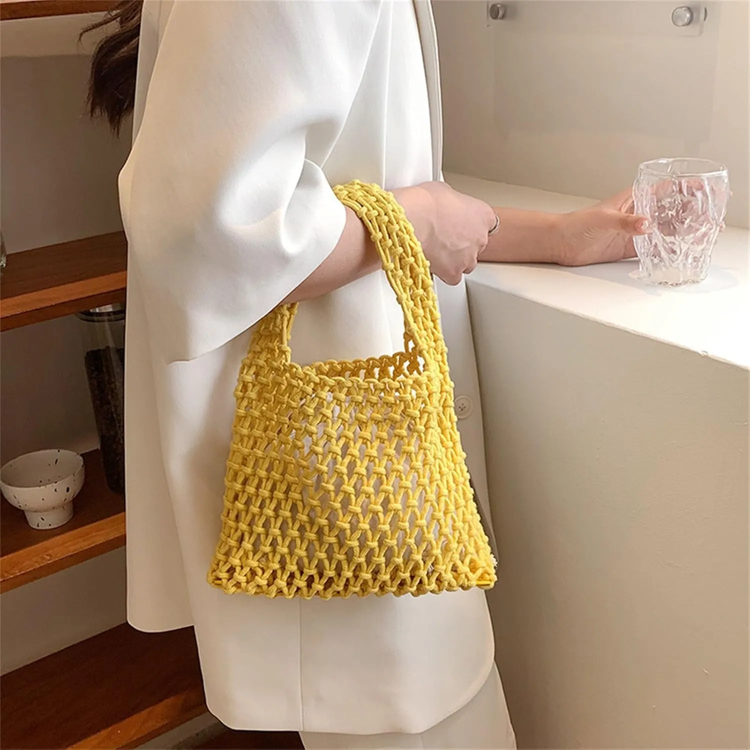 Crochet Tote bag for Women Mesh Knitted Satchel Purses Crochet Bucket Top-handle Drawstring Woven Beach Bag Travel