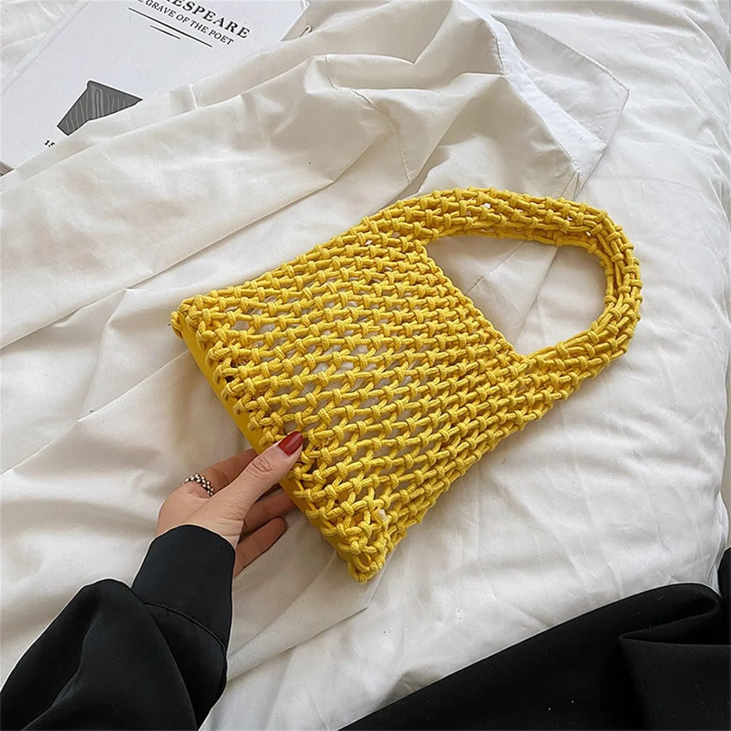 Crochet Tote bag for Women Mesh Knitted Satchel Purses Crochet Bucket Top-handle Drawstring Woven Beach Bag Travel