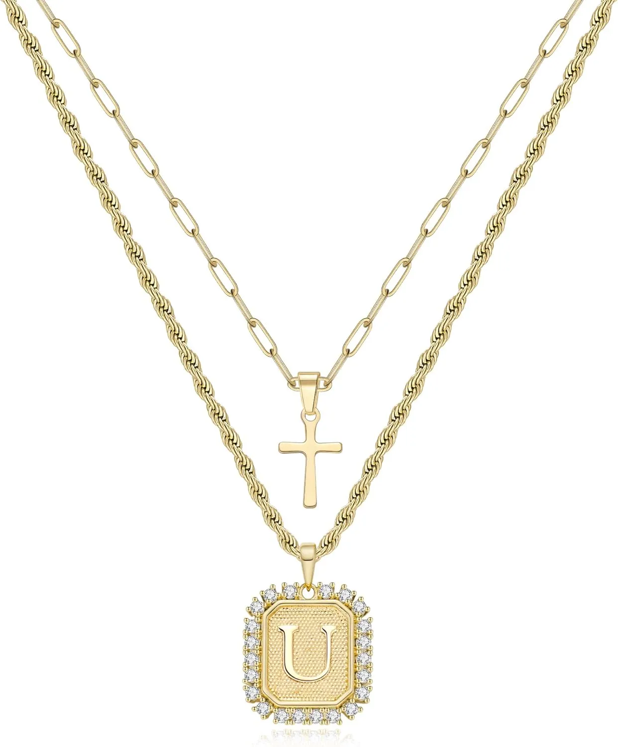 Cross Necklace for Women Layered Gold Necklaces Square Initial Pendant Layering Rope Chain Birthday Gifts for Teen Girls
