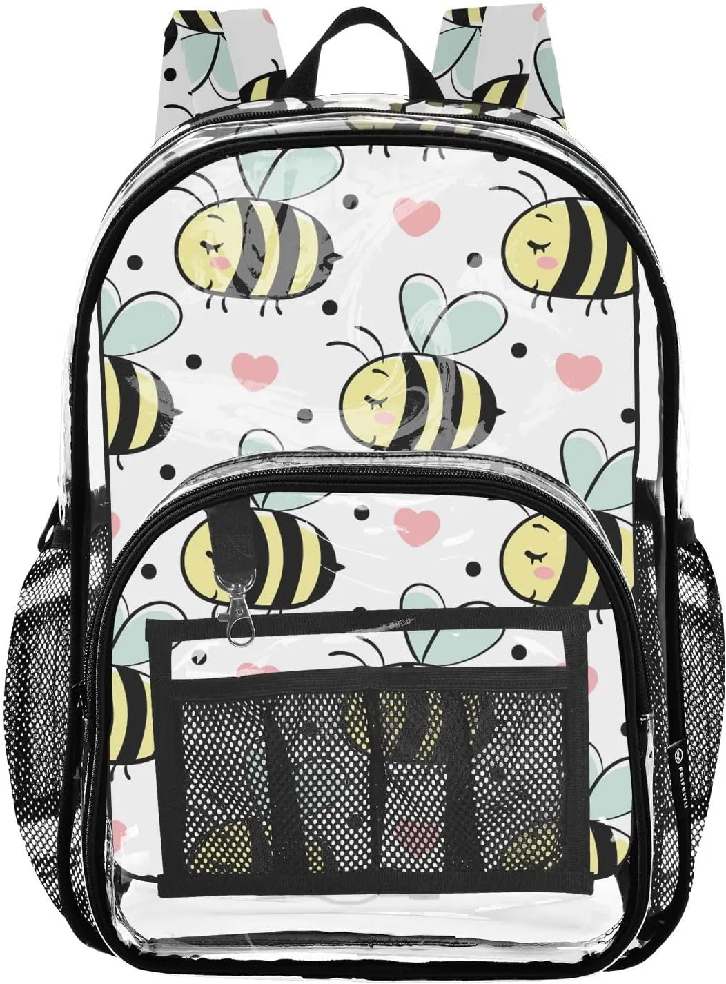 Cute Bees Heart Clear Backpack PVC Backpacks for Kids Girls Boys Transparent Bookbag Plastic Toddler Daypack Bags for Teens Stadium Events School
