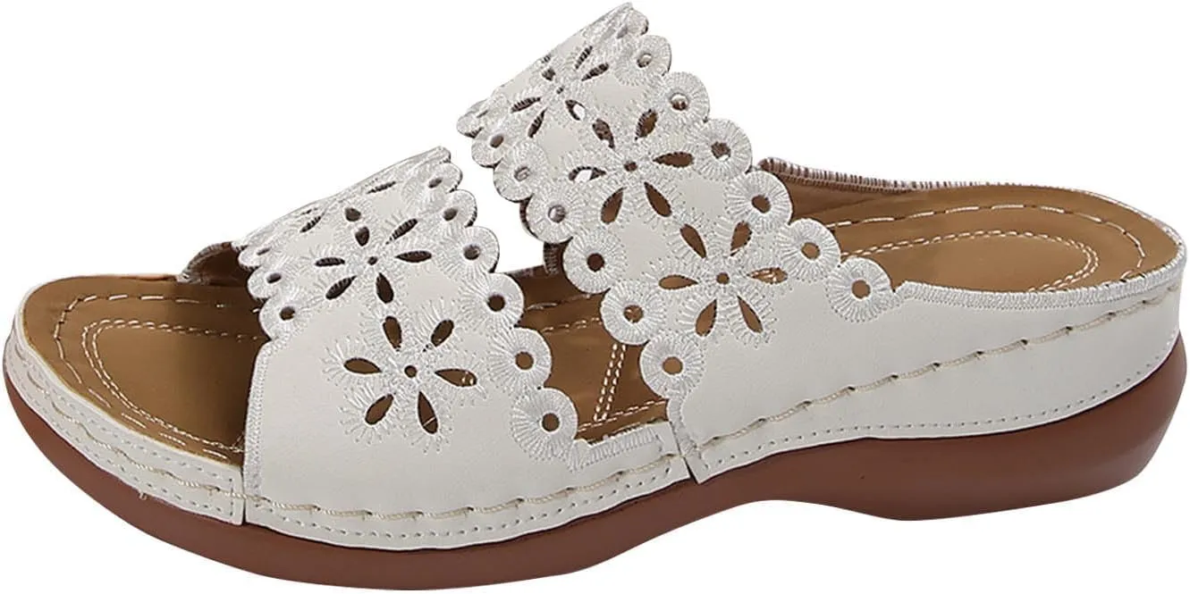 Cute Sandals for Women Comfortable Dressy Casual Summer Beach Shoes Flower Cut Out Comfort Low Wedge Sandals Lightweight Fashion Slides Walking Flip Flops