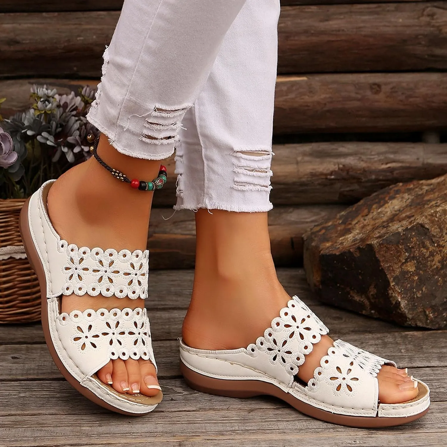 Cute Sandals for Women Comfortable Dressy Casual Summer Beach Shoes Flower Cut Out Comfort Low Wedge Sandals Lightweight Fashion Slides Walking Flip Flops