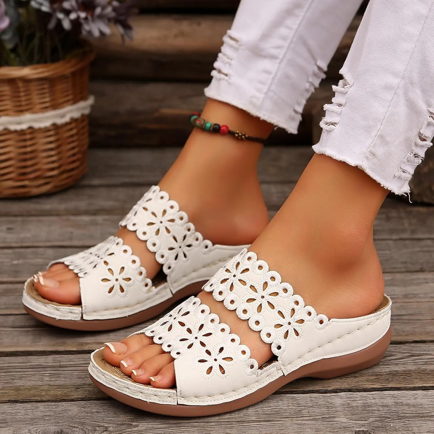 Cute Sandals for Women Comfortable Dressy Casual Summer Beach Shoes Flower Cut Out Comfort Low Wedge Sandals Lightweight Fashion Slides Walking Flip Flops