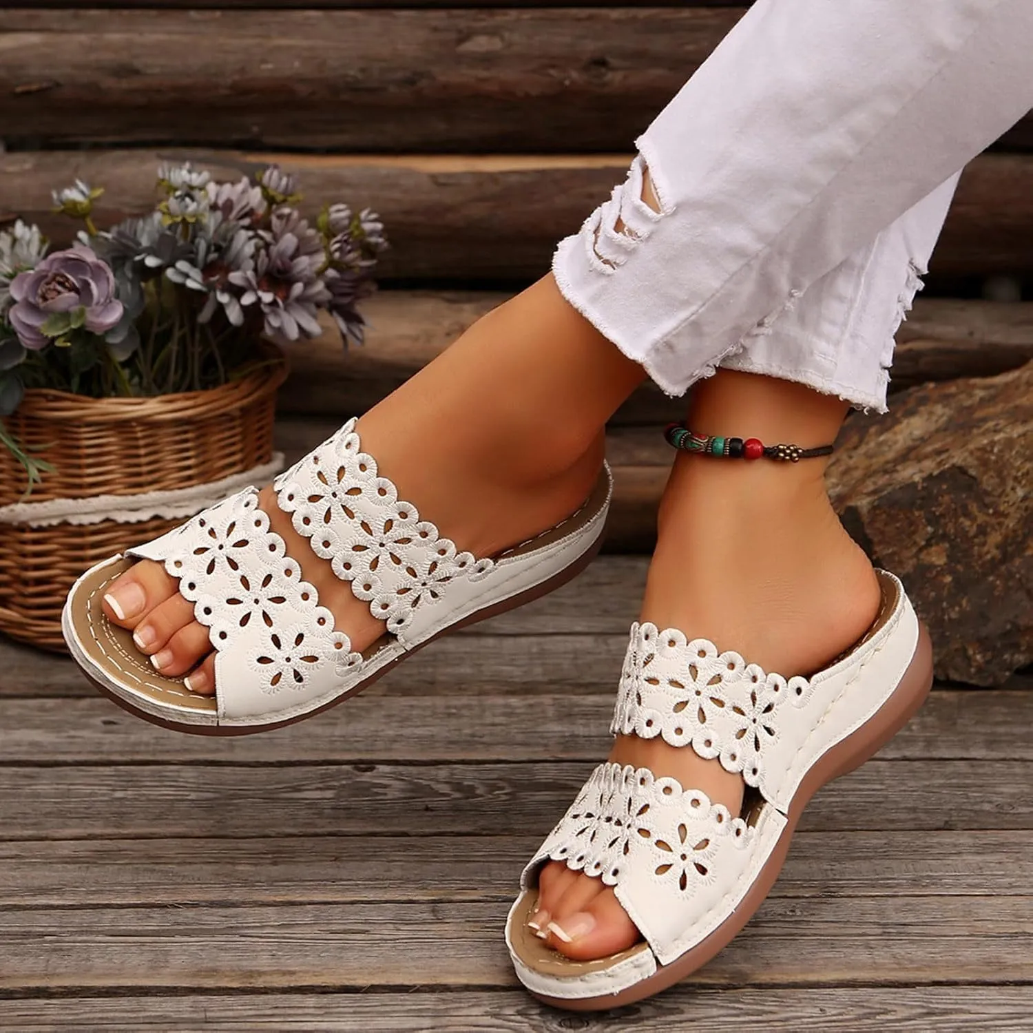 Cute Sandals for Women Comfortable Dressy Casual Summer Beach Shoes Flower Cut Out Comfort Low Wedge Sandals Lightweight Fashion Slides Walking Flip Flops
