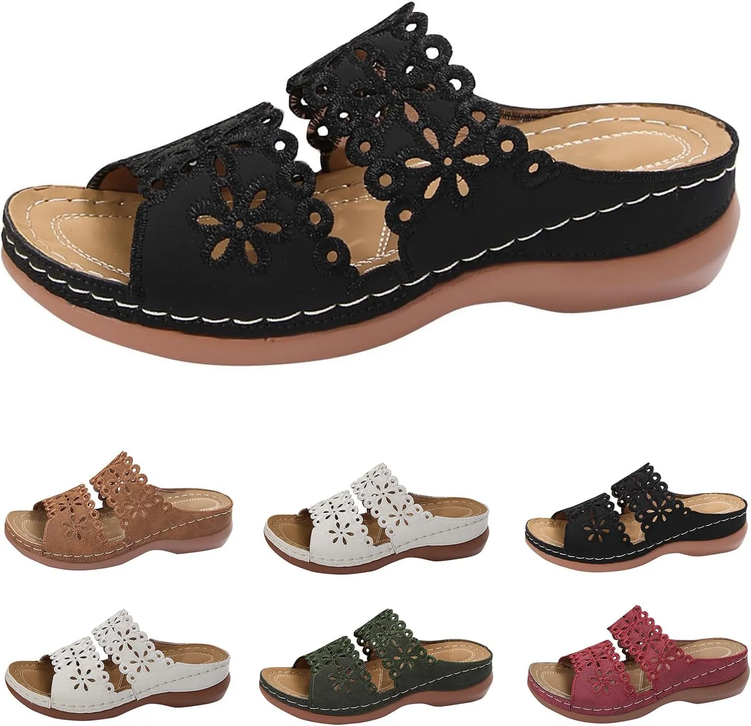 Cute Sandals for Women Comfortable Dressy Casual Summer Beach Shoes Flower Cut Out Comfort Low Wedge Sandals Lightweight Fashion Slides Walking Flip Flops