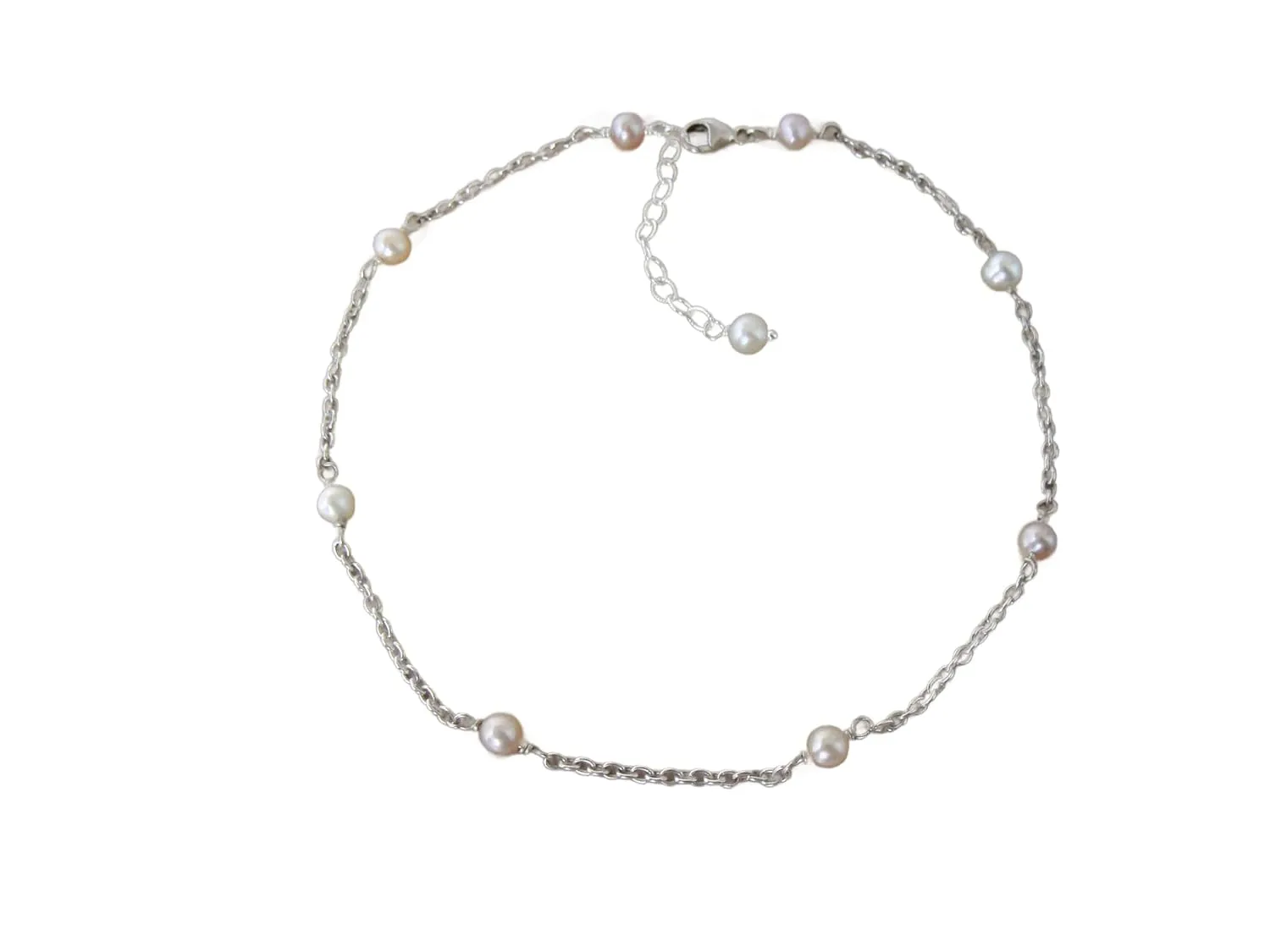 Dainty pearl anklet, sterling silver, pastel pearls, adjustable length, summer jewelry, handmade by Let Loose Jewelry