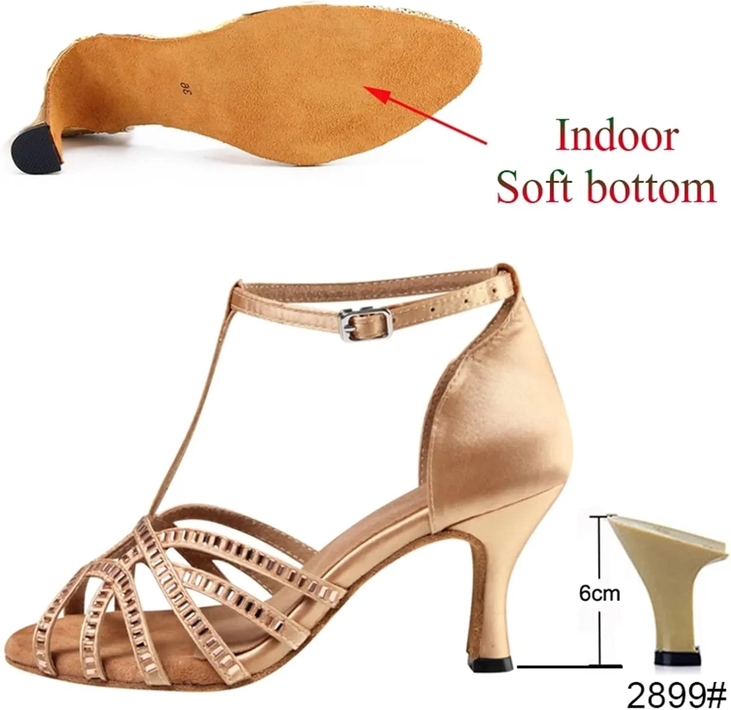 Dancing Shoes for Woman Latin Dance Shoes Women Salsa Tango Ballroom Party High Heel Rhinestone Skin Colour Outdoor Shoes(Indoor Skin 6cm,34)