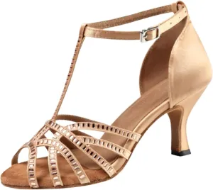 Dancing Shoes for Woman Latin Dance Shoes Women Salsa Tango Ballroom Party High Heel Rhinestone Skin Colour Outdoor Shoes(Indoor Skin 6cm,34)