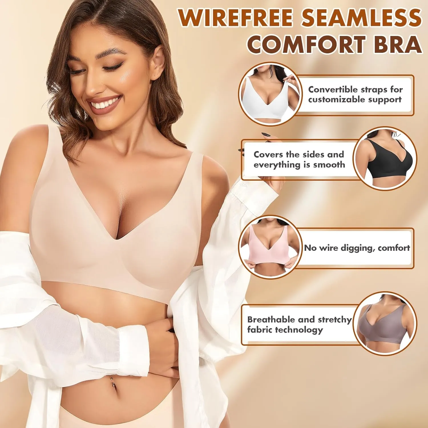Deep V Wireless Bras for Women Seamless No Underwire Bra Comfortable Everyday Wirefree Bras