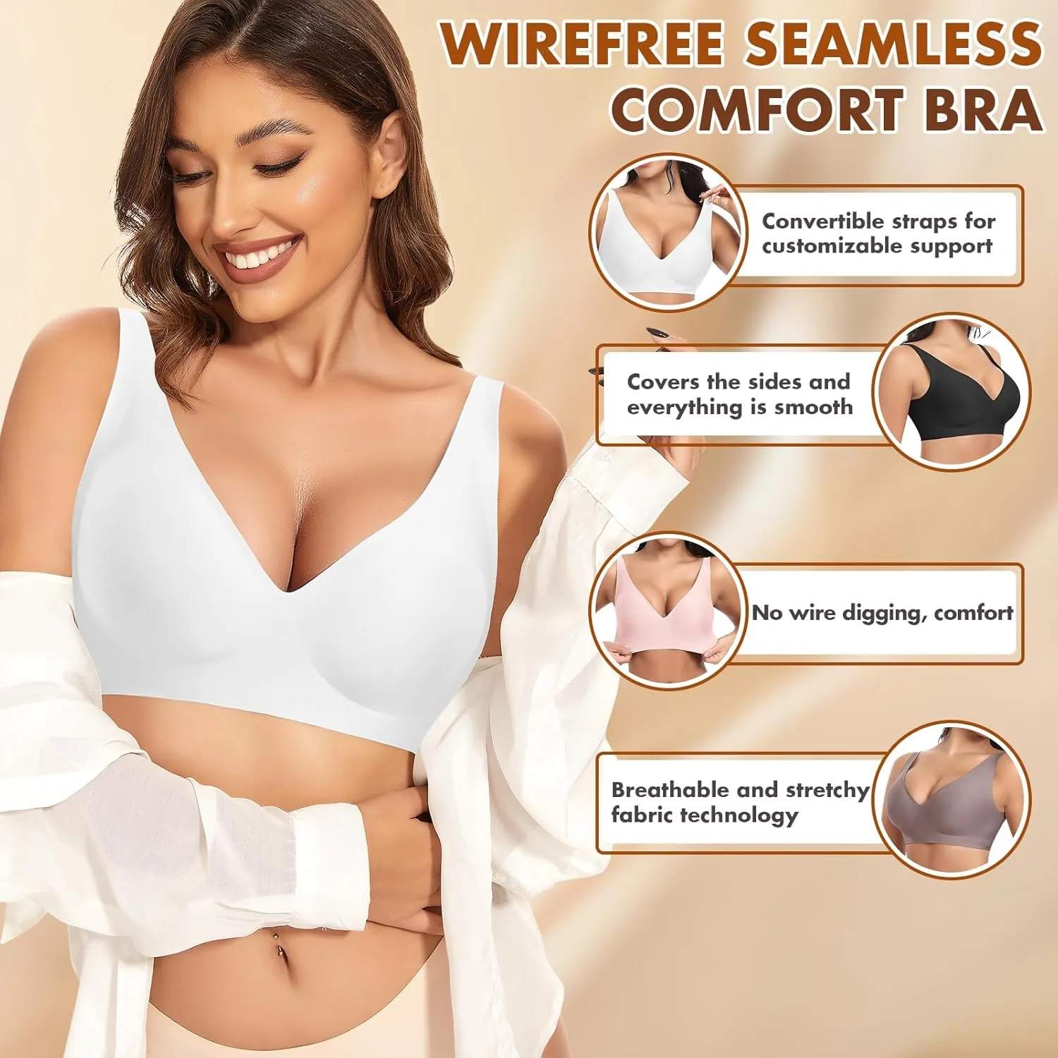 Deep V Wireless Bras for Women Seamless No Underwire Bra Comfortable Everyday Wirefree Bras