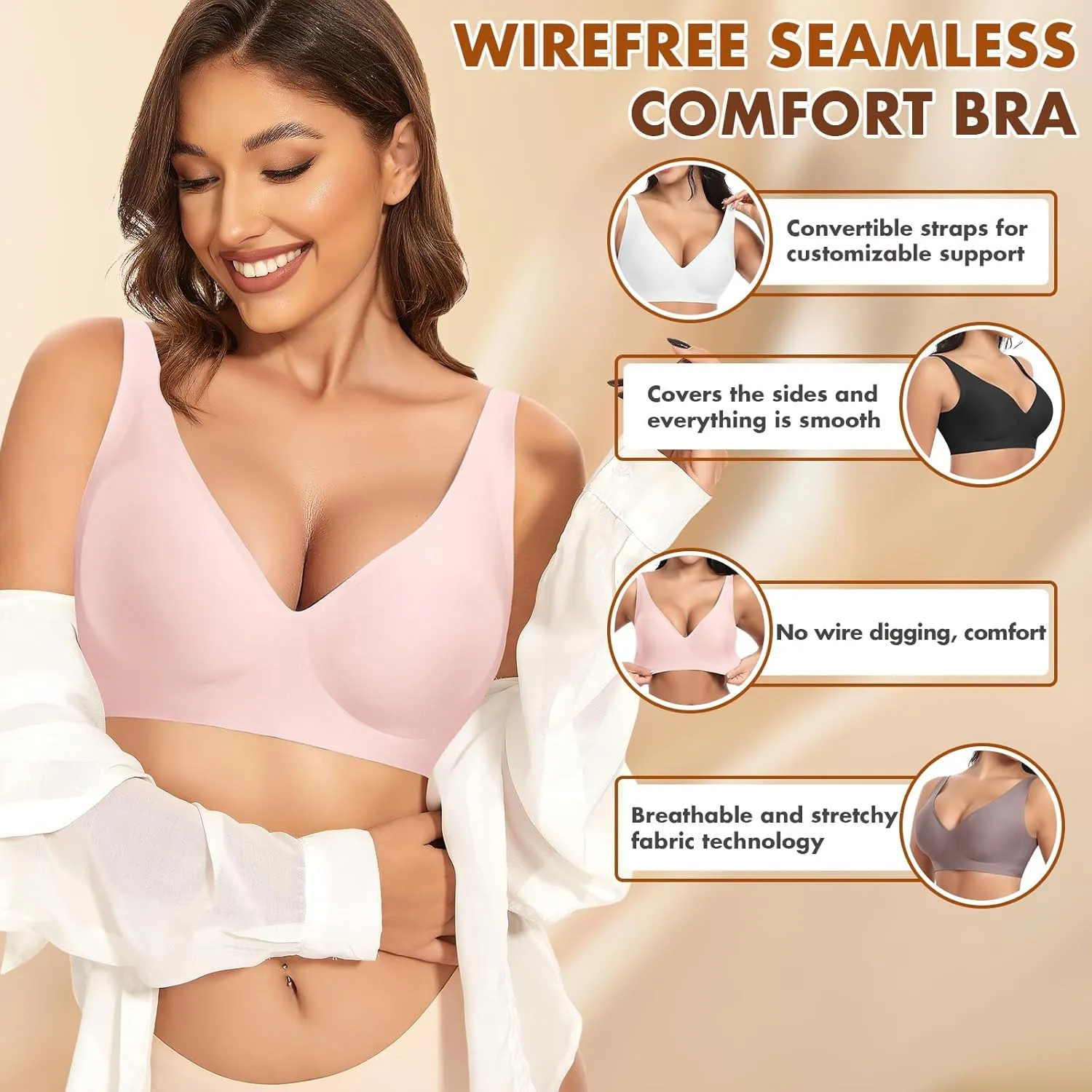 Deep V Wireless Bras for Women Seamless No Underwire Bra Comfortable Everyday Wirefree Bras