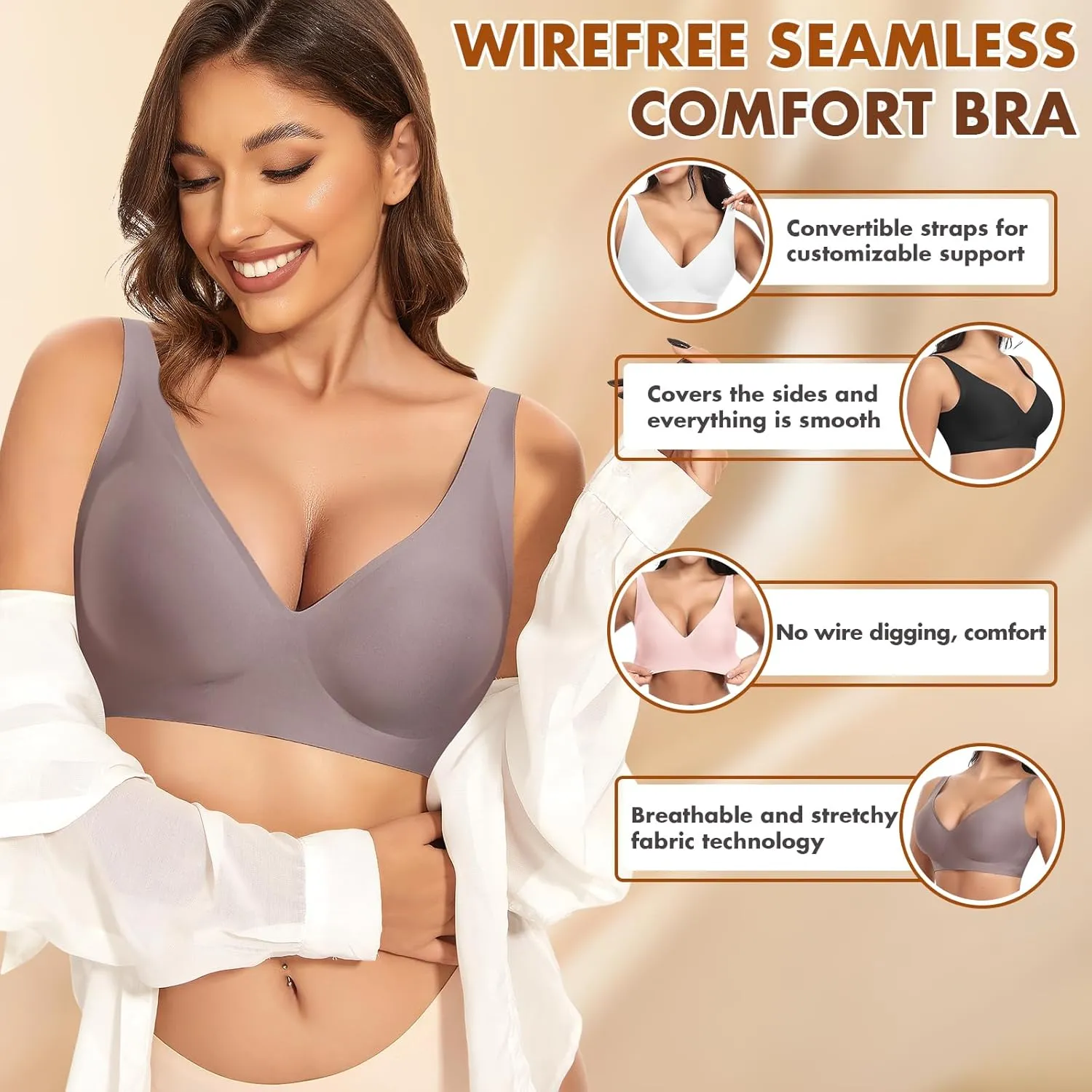 Deep V Wireless Bras for Women Seamless No Underwire Bra Comfortable Everyday Wirefree Bras