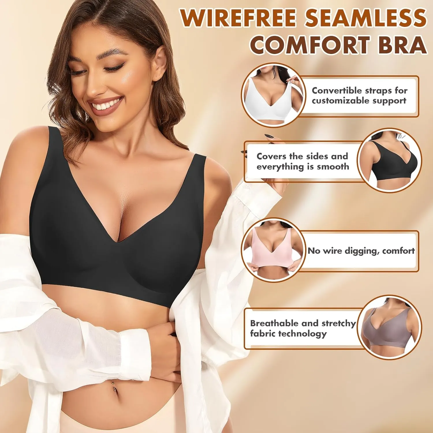 Deep V Wireless Bras for Women Seamless No Underwire Bra Comfortable Everyday Wirefree Bras
