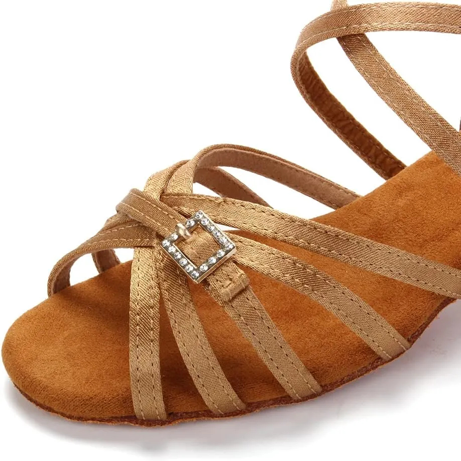 DKZSYIM Girls&Women's Satin Latin Dance Shoes Ballroom Performance Shoes,Model WZJTL
