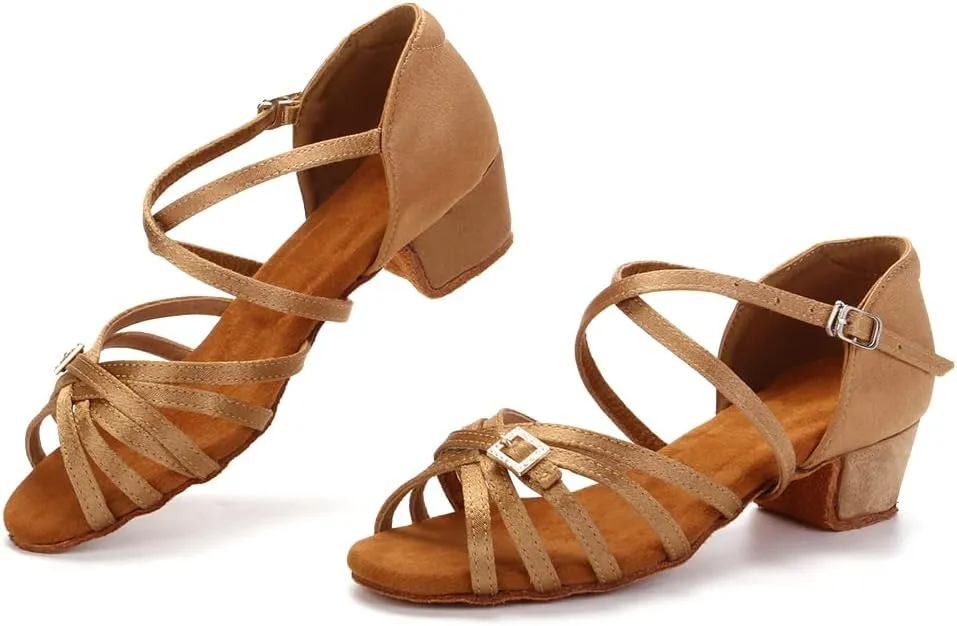 DKZSYIM Girls&Women's Satin Latin Dance Shoes Ballroom Performance Shoes,Model WZJTL