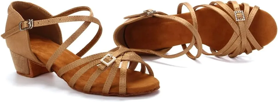 DKZSYIM Girls&Women's Satin Latin Dance Shoes Ballroom Performance Shoes,Model WZJTL