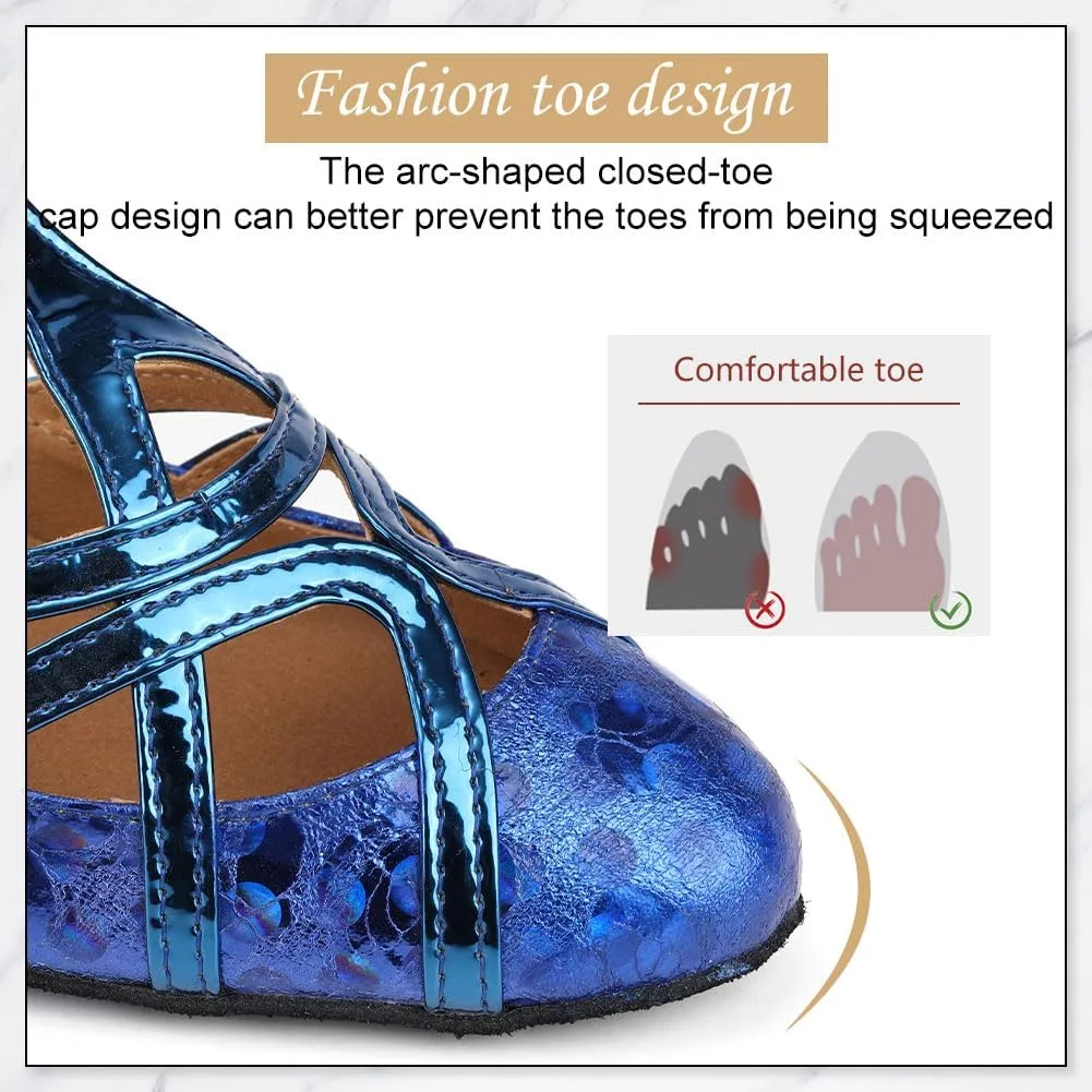 DKZSYIM Glitter Women Latin Dance Shoes Closed Toe Ballroom Salsa Tango Practice Performence Party Dancing Shoes,Model CMJ-511