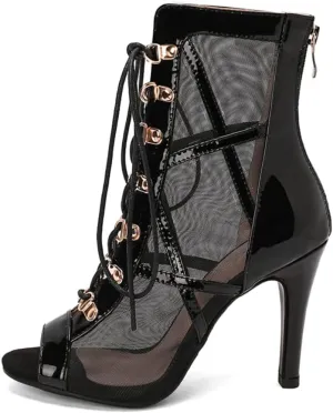 DKZSYIM Open Toe Dance Boots Women Latin Salsa Ballroom Lace-up Ankle Dance Shoes,Model DS-B99