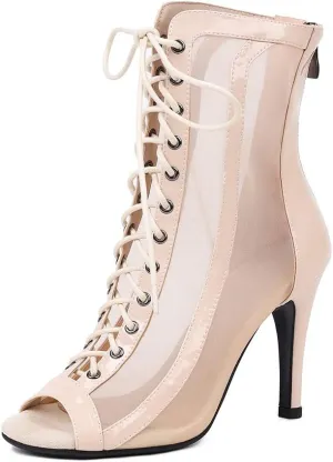 DKZSYIM Open Toe Dance Boots Women Latin Salsa Ballroom Lace-up Ankle Dance Shoes,Model DS953