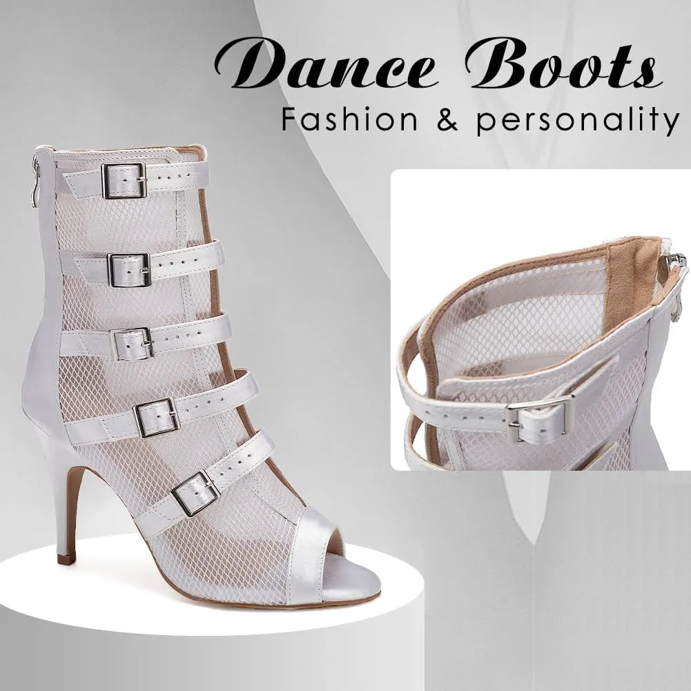 DKZSYIM Open Toe Dance Boots Women Latin Salsa Ballroom Lace-up Ankle Dance Shoes,Model QJWY006