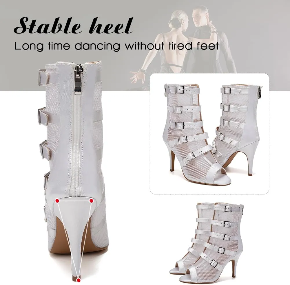 DKZSYIM Open Toe Dance Boots Women Latin Salsa Ballroom Lace-up Ankle Dance Shoes,Model QJWY006